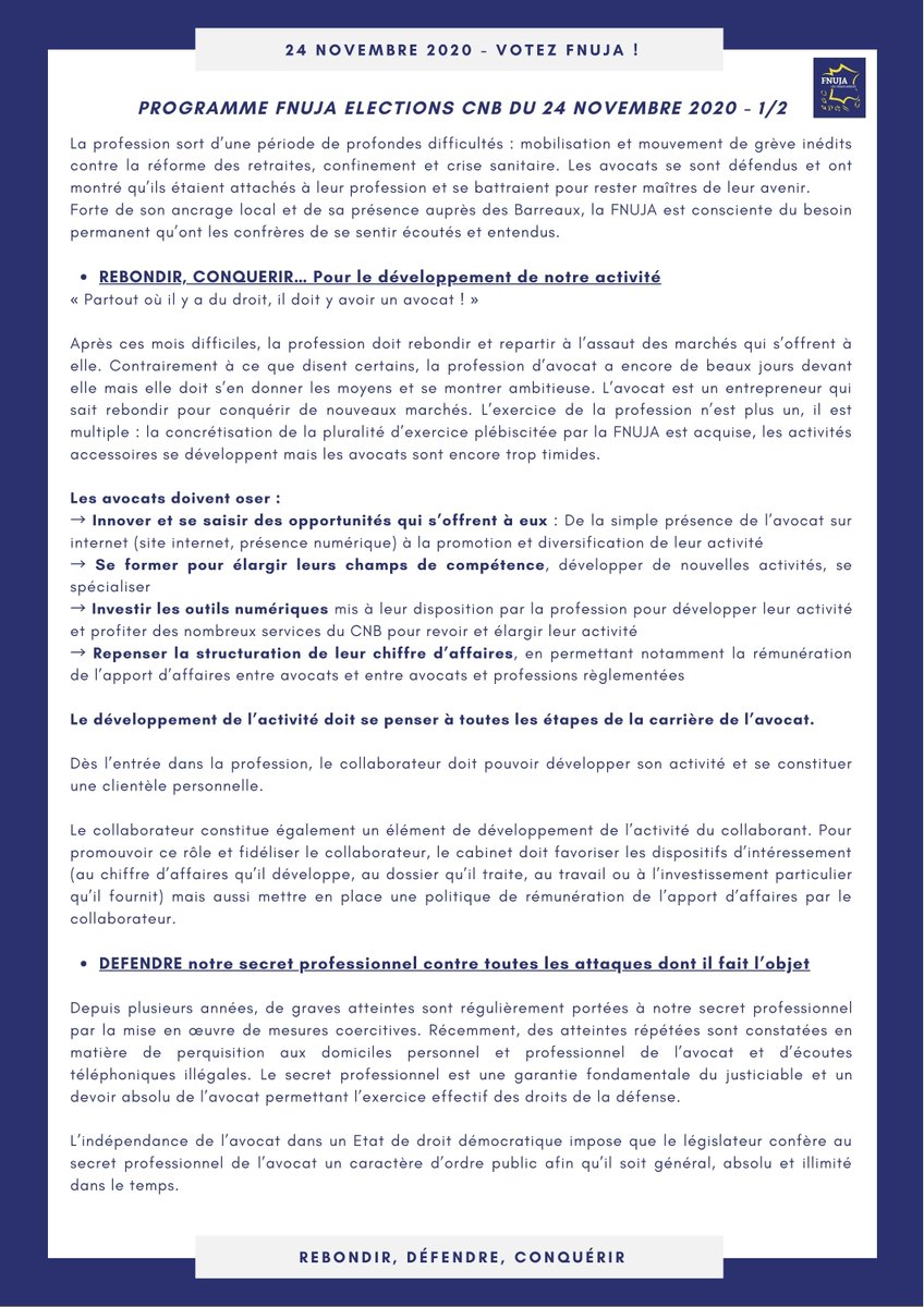 fnuja's tweet photo. 🔴 Pile-poil avant le week-end, pour vous laisser tout le temps de découvrir le programme de la FNUJA pour les élections au @CNBarreaux . 
3 mots clés : Rebondir, Défendre et Conquérir. 
Bonne lecture !
#RebondirDéfendreConquérir
#CNB24nov2020 https://t.co/hFWaAkcsTk