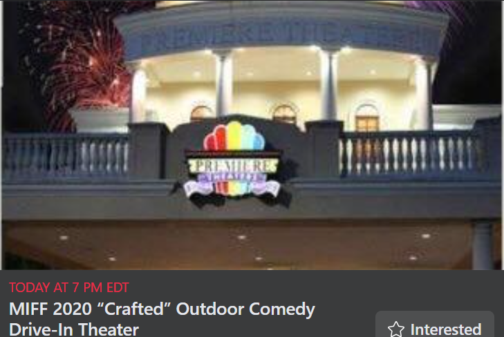 BFAT321's tweet photo. MIFF 2020 “Crafted” Outdoor Comedy Drive-In Theater
TODAY 7 PM  $10 PER CAR -- Entertainment &amp; movies. Host: ROCKSTAR ENTERTAINMENT -Featuring comedian FLIP SCHULTZ!  Samples of craft beer from local brewers from new TV show “Crafted”! (Bring ID)
IN MAIN THEATER PARKING AREA https://t.co/y62xRUskhp