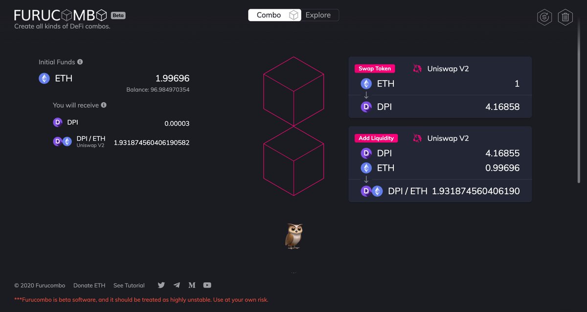 furucombo's tweet photo. Farming $INDEX with @indexcoop, ~68% APY!🌾

How? head to 👉 https://t.co/FsPmWgbd8X
1️⃣Swap ETH to $DPI
2️⃣Add them to Uniswap DPI/ETH pool

Then, go to https://t.co/2Q8DCM9Bf0
3️⃣Stake your UNI-V2 🐣
4️⃣Hatch $INDEX 🦉

#combochallenge https://t.co/oPcU7hy2KX