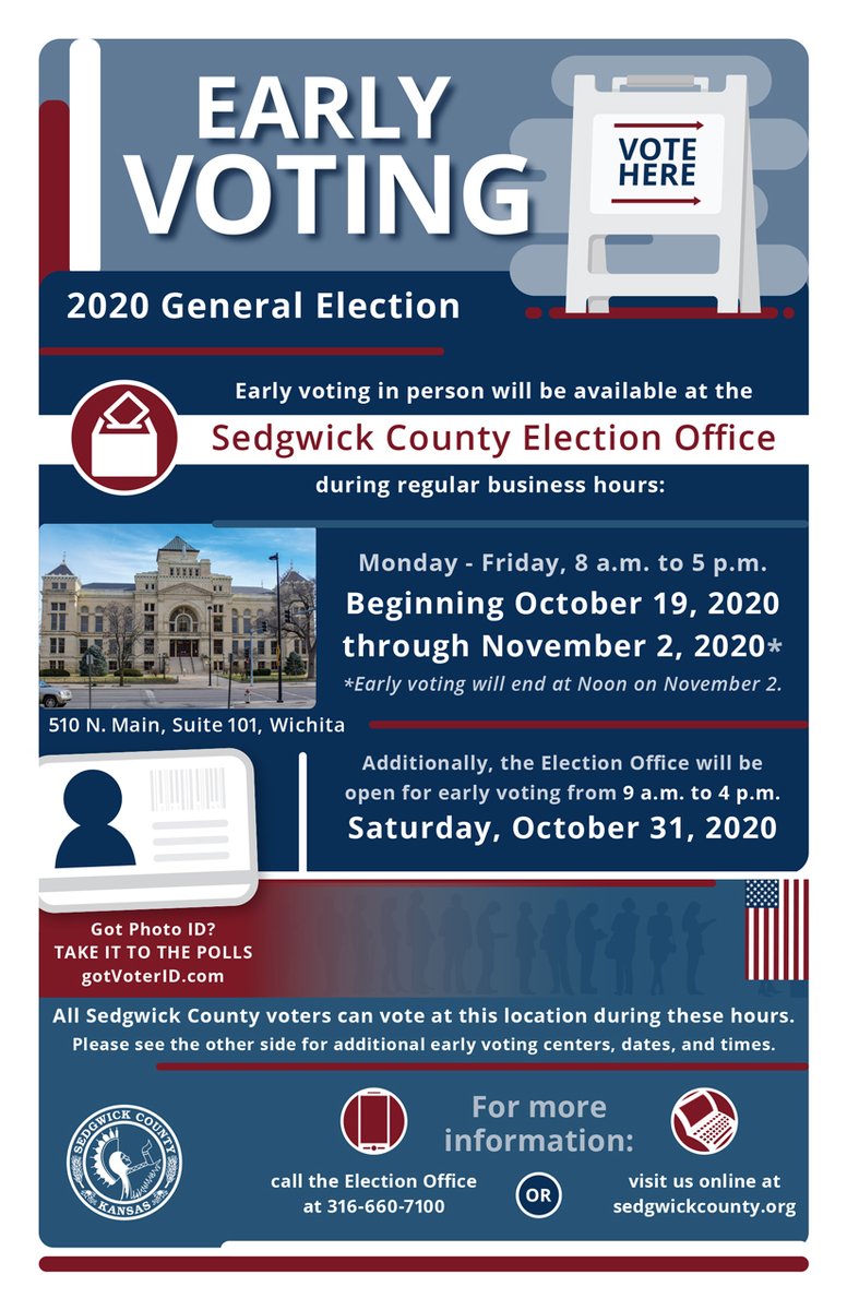 Residents can vote early at the Election Office from 8 a.m. to 5 p.m. starting October 19 through November 2. Voting will end at noon on November 2. Voters may also vote early from 9 a.m. to 4 p.m. on Saturday, October 31. Please remember to take your photo I.D. #SedgwickVotes