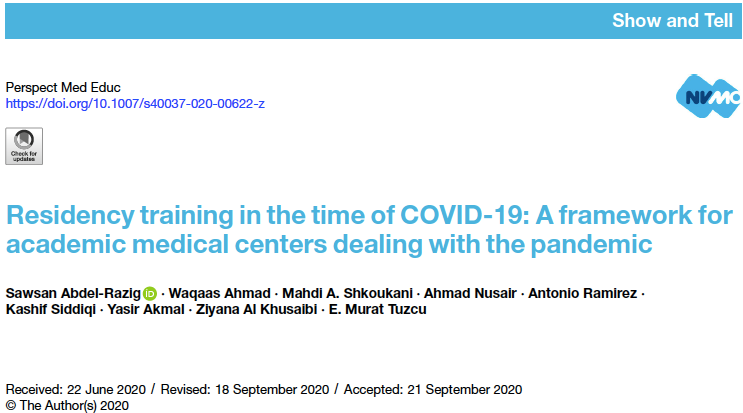 pmeded's tweet photo. Residency training in the time of #COVID__19: A framework from @CleClinicLCM for academic medical centers dealing w/ the pandemic that works towards aligning &amp; defining regulatory, operational, and program level #GME pandemic responses. https://t.co/WXeJQ53FGz  #MedEd https://t.co/cA4AubD9KC