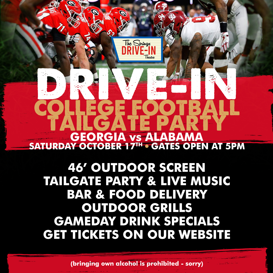 springs_cinema's tweet photo. With our 46' screen you'll have a better view than Nick Saban.
Don't miss our first ever college football drive-in!
Gate opens at 5pm for tailgating.
https://t.co/uKqNmh4K2y https://t.co/udb1Y9EqM4