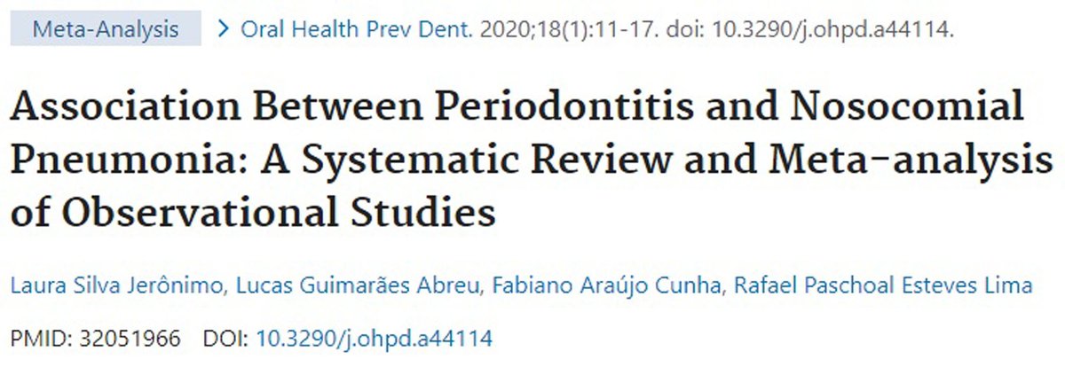 This systematic review and meta-analysis published in Oral Health & Preventive Dentistry aimed to evaluate the association between periodontitis and nosocomial pneumonia in individuals in intensive care units (ICUs). The meta-analysis demonstrated that individuals with periodontitis were more likely to have nosocomial pneumonia than individuals without periodontitis. The result underscores the role of oral health care providers in ICUs.