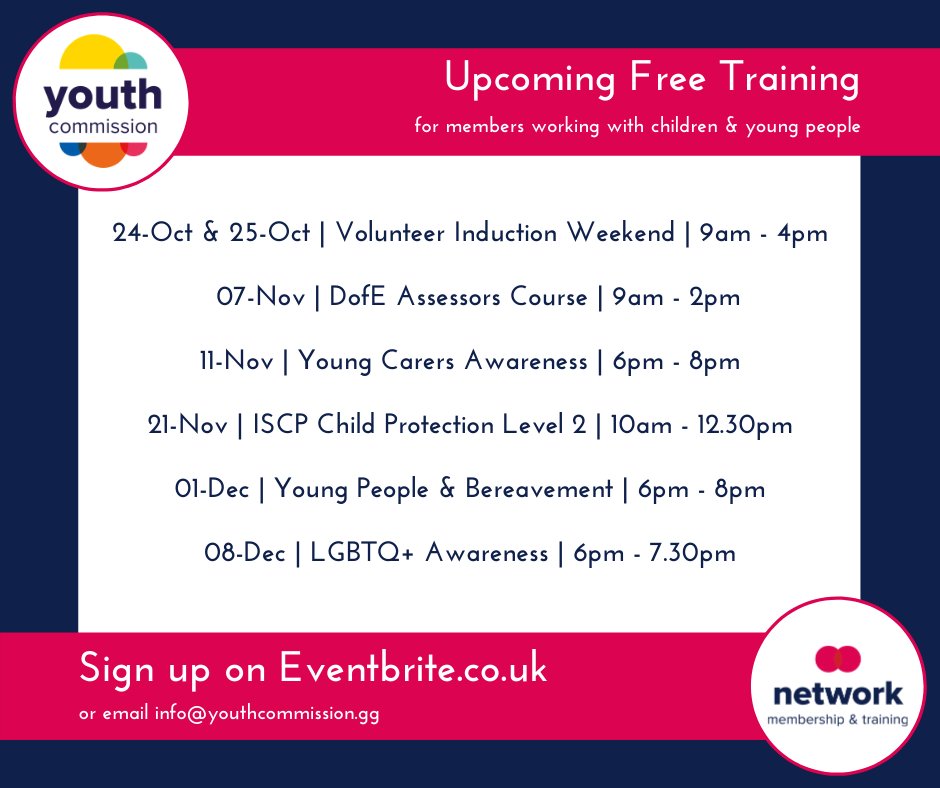 Our training offer until the end of the year. All available for booking on Eventbrite. eventbrite.co.uk/o/youth-commis…