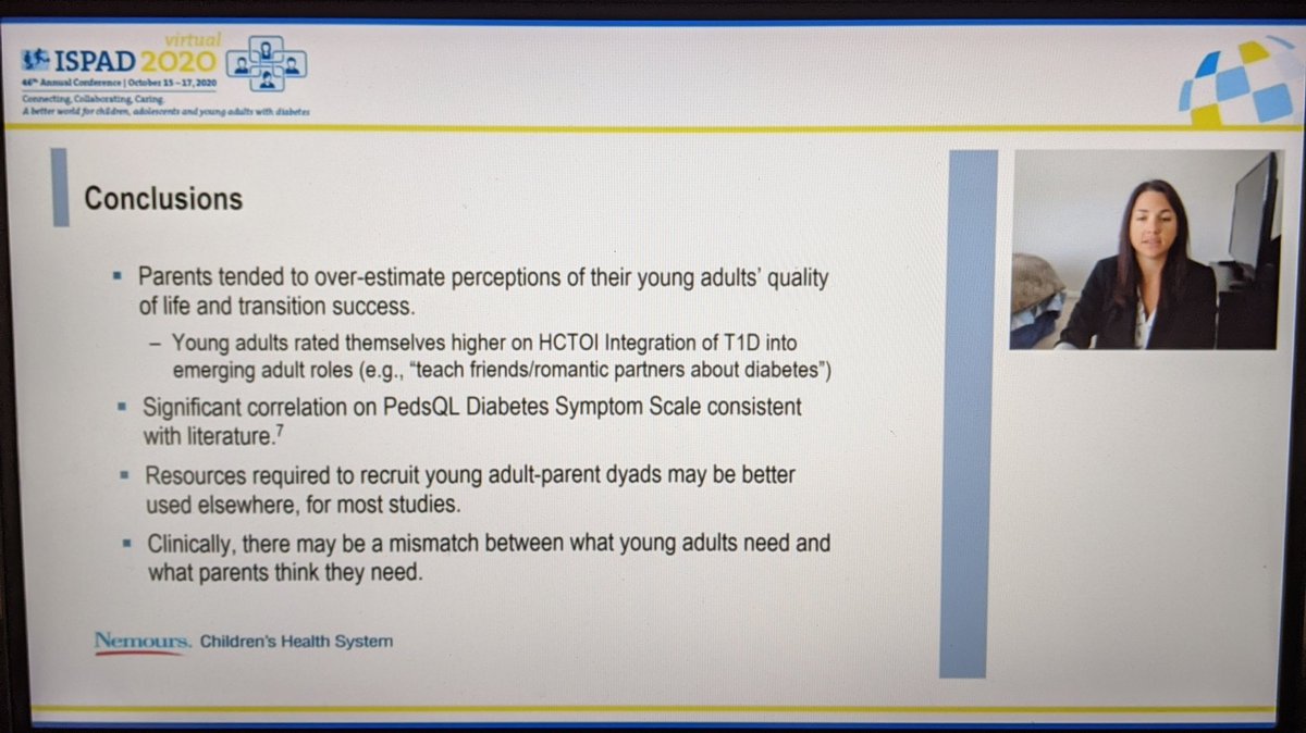 <a href="/DrJessicaPierce/">Jessica Pierce, PhD</a> shows how parents and young adults differ on ratings of type 1 #diabetes outcomes. Researchers may not need to recruit both patients and parents for all studies. #ISPAD2020  <a href="/NemoursCHDS/">Nemours CHDS</a> <a href="/r_m_wasser/">Rachel Wasserman, PhD</a> <a href="/pato6i/">Susana Patton</a>