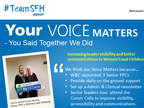 emmachallans's tweet photo. Day 12, Week 2 of NHS Staff Survey. Friday is sharing an example of how Your VOICE makes a difference to Sherwood.  Thank you to Joanne and Julie for sharing why your voice matters.... #YourVOICEMatters #StaffSurvey #TeamSFH https://t.co/8T2HnKCSXa