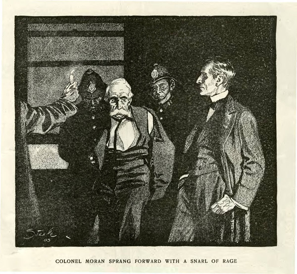 We end the week  @SherlockUMN  @umnlib w/ this 1903 Steele illustration from "The Empty House." We truly hope there are no snarls of rage in your life, but if there are you have a chance to vote & perhaps change things for the better! Be well. Take care.  http://purl.umn.edu/99713 