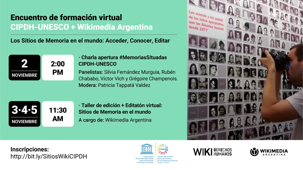 wikimedia_ar's tweet photo. 📢 @wikimedia_ar y @cipdhunesco organizan "Los Sitios de Memoria en el mundo: Acceder, Conocer y Editar".

💻 Se trata de un encuentro de formación virtual a realizar desde el 2/11 hasta el 5/11 en el marco del proyecto #WikiDDHH

👉 Pueden inscribirse en https://t.co/TAIl8gFpQw https://t.co/NcBkoUU25w