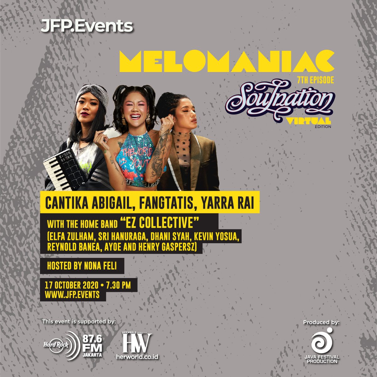 @JavaFestPro  is throwing a virtual live music concert for the 7th time! Cantika, Fangtatis, Yarra Rai and EZ Collective will performance in Melomaniac 7th Episode! 

Get your ticket 
jfp.events

#Melomaniac #JFPEvents #JavaFestivalProduction #BringTheShowToYourHome