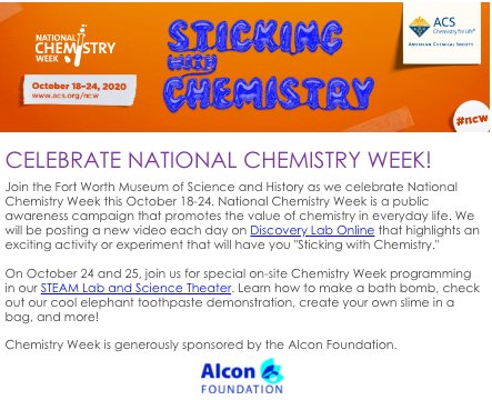 CofferResearch's tweet image. Ah National Chemistry Week is almost here....and I bet Chem Club at @TCU_CSE  is getting excited!
fwmuseum.org

@TCUGreenGroup @ACS_NCW  @fwmsh @heidiconrad22