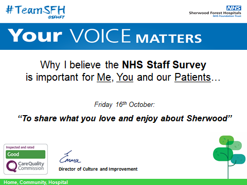 emmachallans's tweet photo. Day 12, Week 2 of NHS Staff Survey. Friday is sharing an example of how Your VOICE makes a difference to Sherwood.  Thank you to Joanne and Julie for sharing why your voice matters.... #YourVOICEMatters #StaffSurvey #TeamSFH https://t.co/8T2HnKCSXa