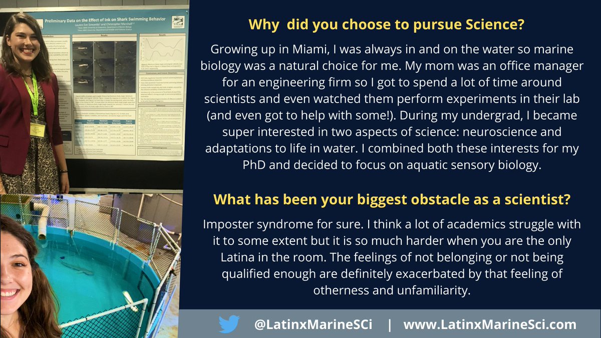 Hello everyone👋,
We are introducing our last marine scientist for #LatinxHeritageMonth. 

Say Hello to Lauren Eve Simonitis 🇨🇺 <a href="/OceanExplauren/">Dr. Lauren Eve Simonitis 🇨🇺🇺🇸</a> (she/her) a Ph.d. candidate at <a href="/ecomorphlab/">Christopher Marshall</a>.
She Studies predator defense &amp; shark olfaction🦑🦈

Learn more about her via this post👇