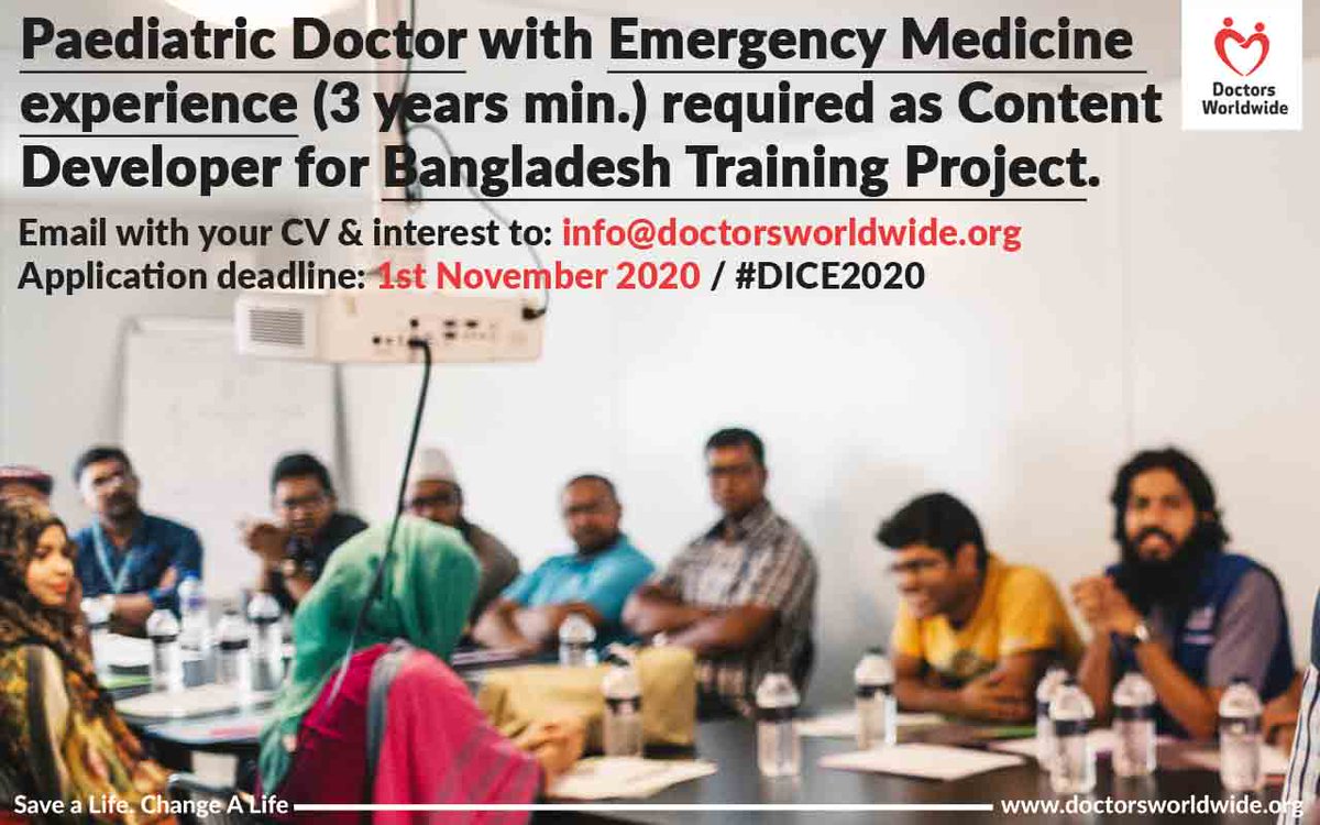 dwwuk's tweet image. FINAL CALL: #Paediatric doctor with #EmergencyMedicine experience needed to develop content for a #DICE2020 training session for Bangladeshi doctors working with #Rohingya and #Bangladesh host communities. Deadline: 1st November. @HPforGH #GlobalHealth