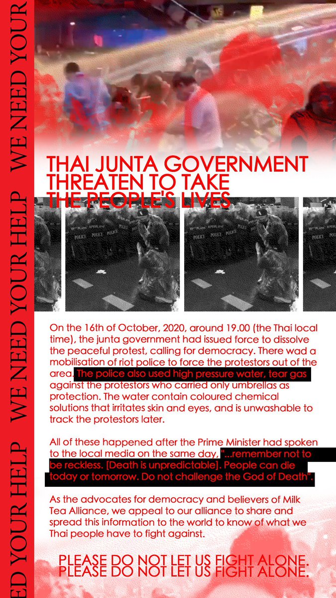 Please read and help spread awareness about the current situation in Thailand. Many forms of violence have been used against unarmed protesters by the police. Thai people are in need of everyone's help.
#16ตุลาไปแยกปทุมวัน #whatishappeninginthailand