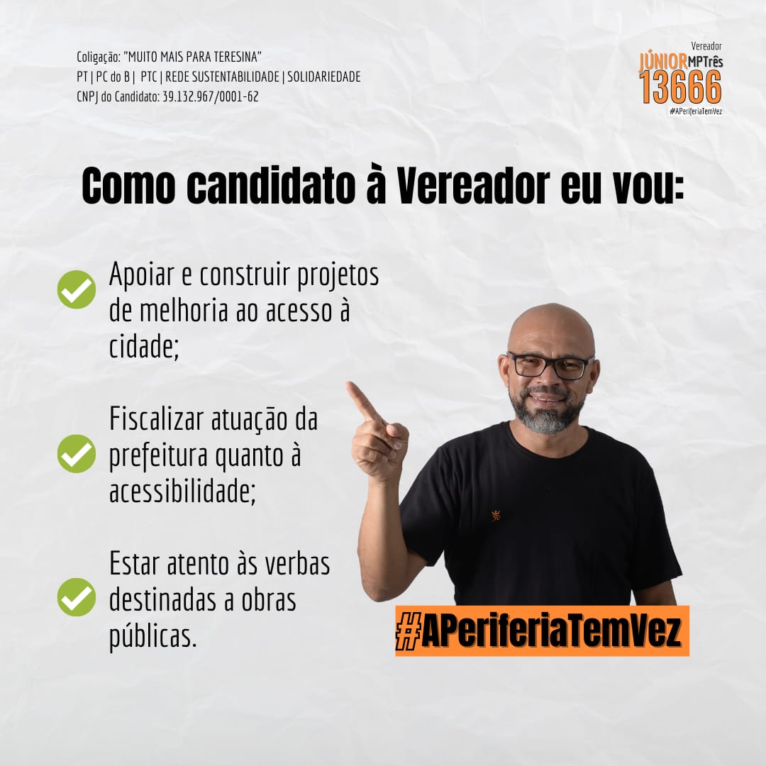 JUNIORMPTRES's tweet photo. Como vereador de teresina defendo o apoio e a construção de projetos que visam a melhoria no acesso a cidade, como também vou fiscalizar a atuação da prefeitura em relação a acessibilidade e estar atento às verbas destinadas a obras públicas. 👍🏾

#acessibilidade #Teresina https://t.co/7jUoPAUBe8