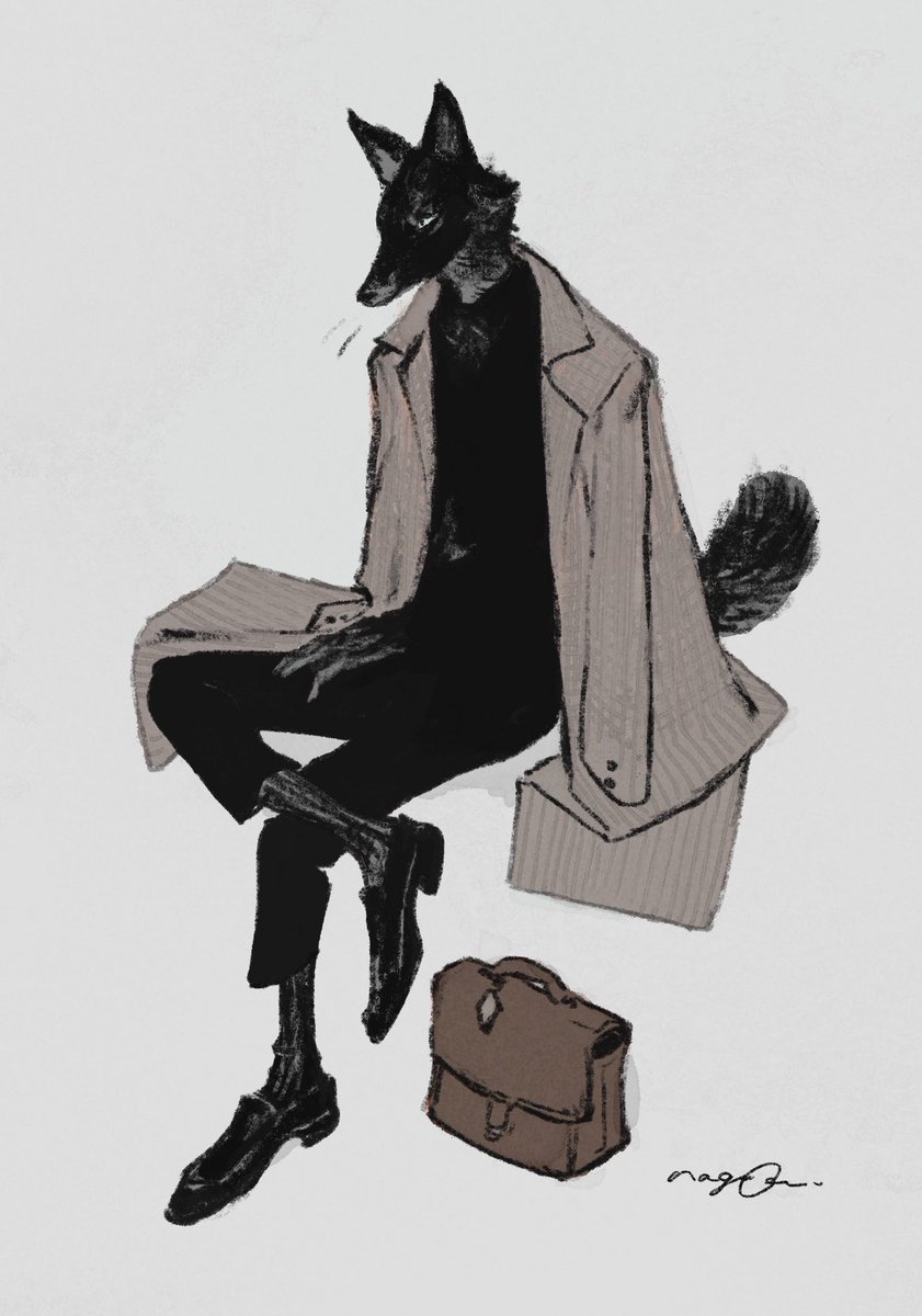 invisible chair bag black fur furry 1boy coat furry male  illustration images