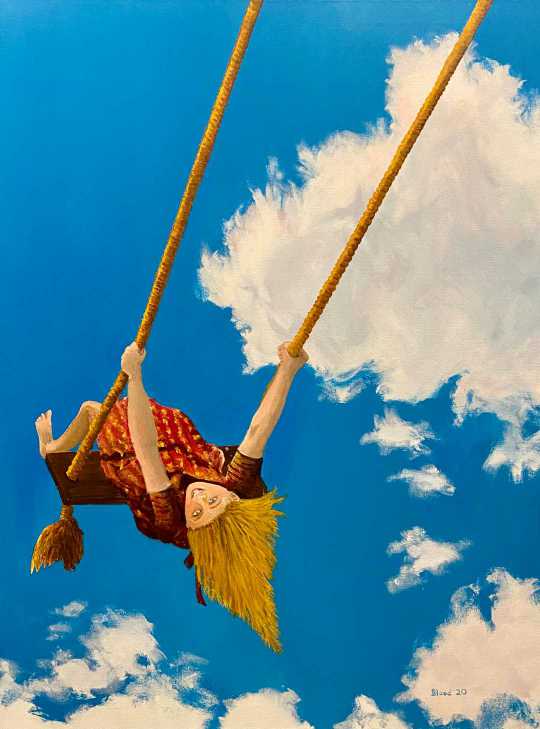 "Higher" by Tom Blood. ACRYLIC, PAINTING via <a href="/ArtLoupe/">ArtLoupe</a>. #fantasy #minimalist #swinghigher #girlonaswing #blueskie...