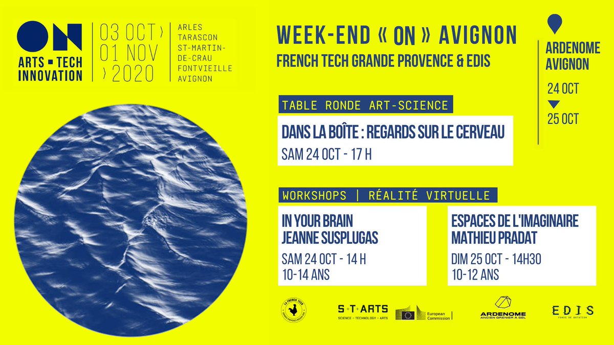 FrenchTechGP's tweet photo. 👁 Venez découvrir le fonctionnement du cerveau 🧠avec une table-ronde et des workshop artistiques dédiés, le 24 et 25 octobre !  La programmation du week-end ON à Avignon, c'est par ici 👉 https://t.co/EhvK6BqOFQ 

#ftgp #innovation #startseu https://t.co/k7Rj8Io0bK