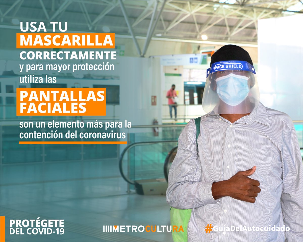 Recuerda: el uso de mascarilla es obligatorio y para reforzar tu protección utiliza las pantallas faciales durante tu viaje en el Metro, estas cubren un área mucho más amplia del rostro. Protégete del #COVID__19
Sigue la #GuíadelAutocuidado🇵🇦
#Metrocultura https://t.co/aUYk5gLw3Z