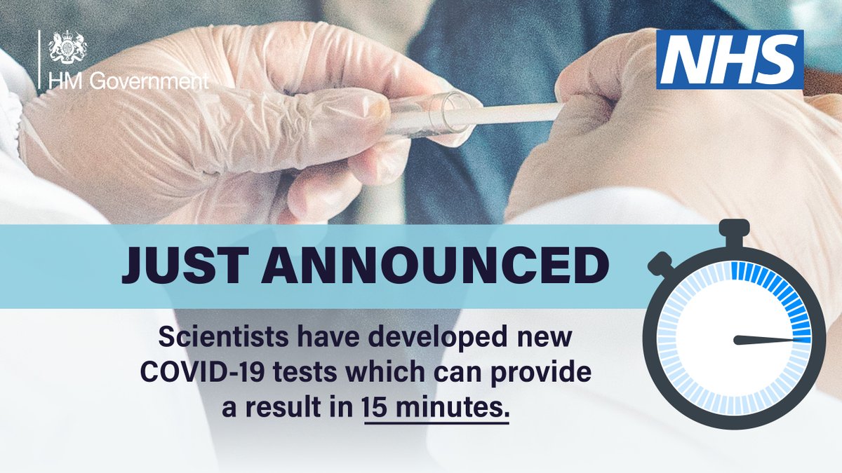 Text: Just Announced: Scientists have developed new COVID-19 tests which can provide a result in 15 minutes. 
