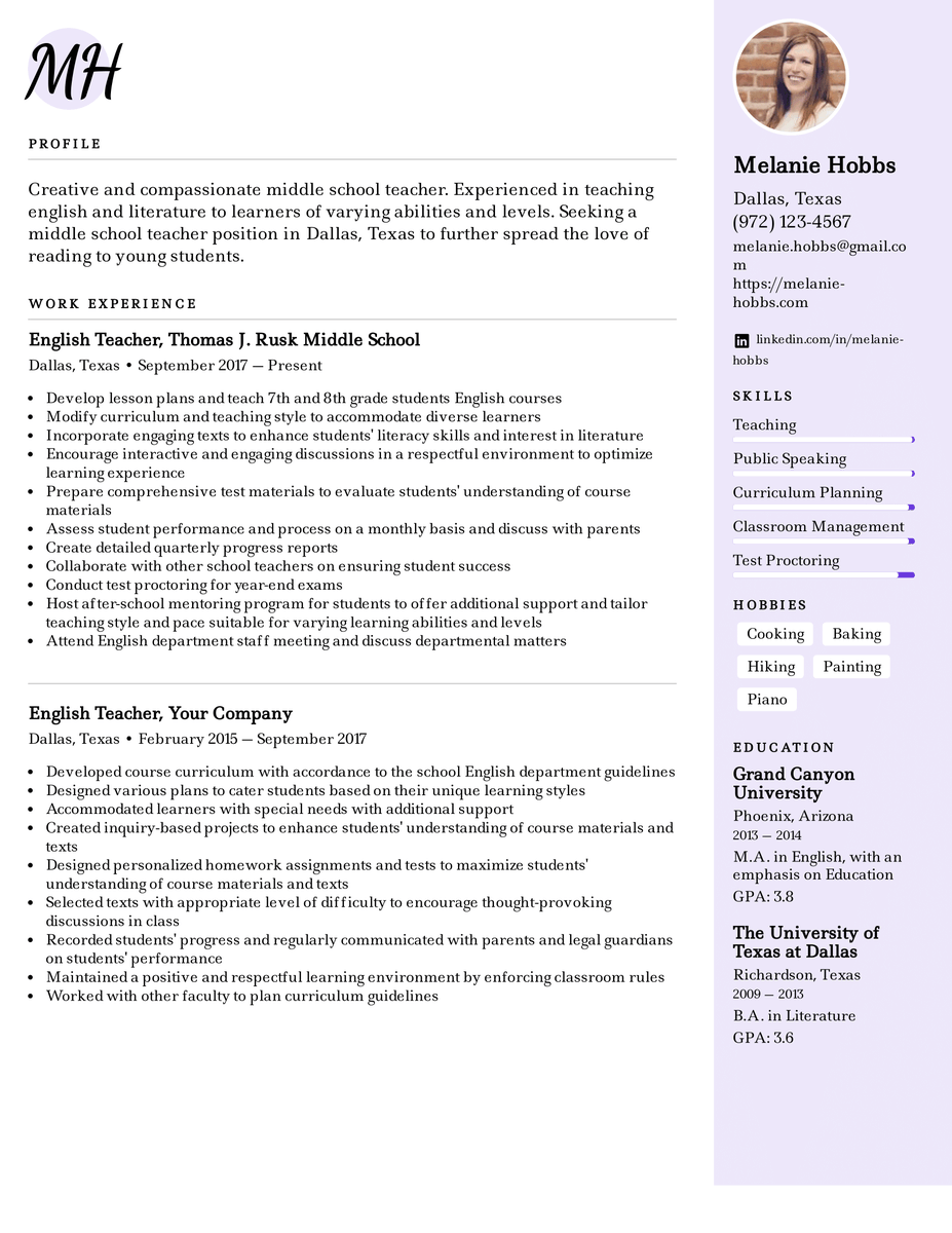 EasyResumeIO's tweet photo. It can be difficult translating your accomplishments onto your resume — especially when you're a middle school teacher and your job goes beyond just instructing. Take a glance at our Middle School Teacher resume example to get some ideas! https://t.co/3wzyKvShD5

#Career #resume https://t.co/koTKKUS4JD