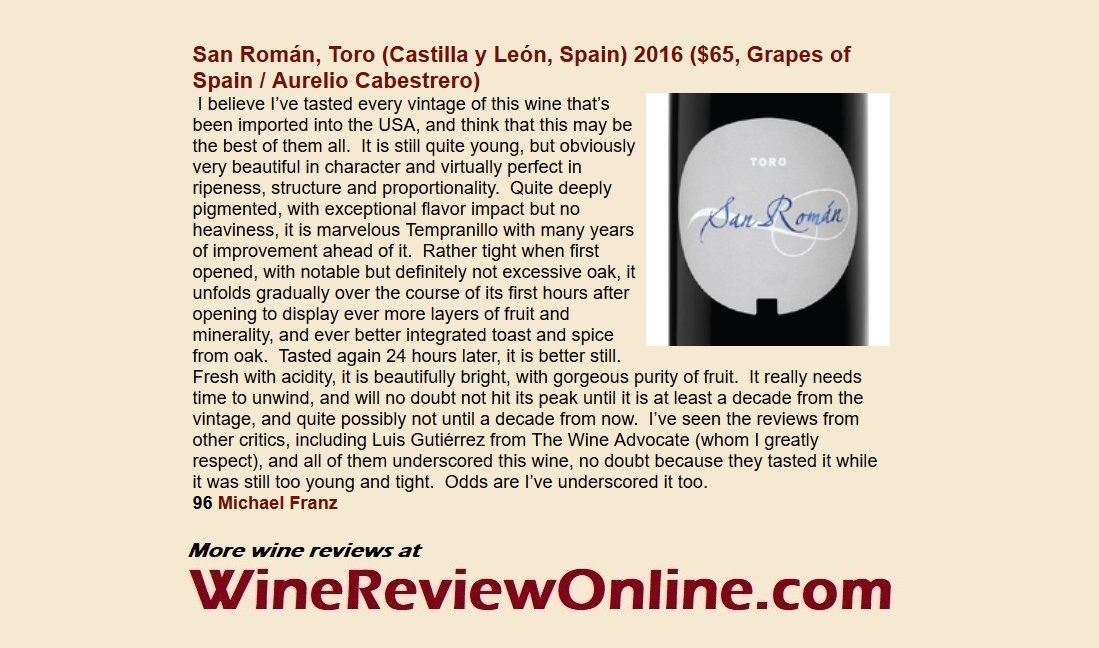 WineReviewOnline.com (@winereviewonlin) on Twitter photo WineReviewOnline.com Featured #Wine Review:
San Román 2016 Toro, Castilla y León, Spain (@GrapesOfSpain)
<a href="/Michael_Franz/">Michael Franz</a> 96 Points
"Fresh with acidity, it is beautifully bright, with gorgeous purity of fruit." WineReviewOnline.com Featured #Wine Review:
San Román 2016 Toro, Castilla y León, Spain (@GrapesOfSpain)
<a href="/Michael_Franz/">Michael Franz</a> 96 Points
"Fresh with acidity, it is beautifully bright, with gorgeous purity of fruit."