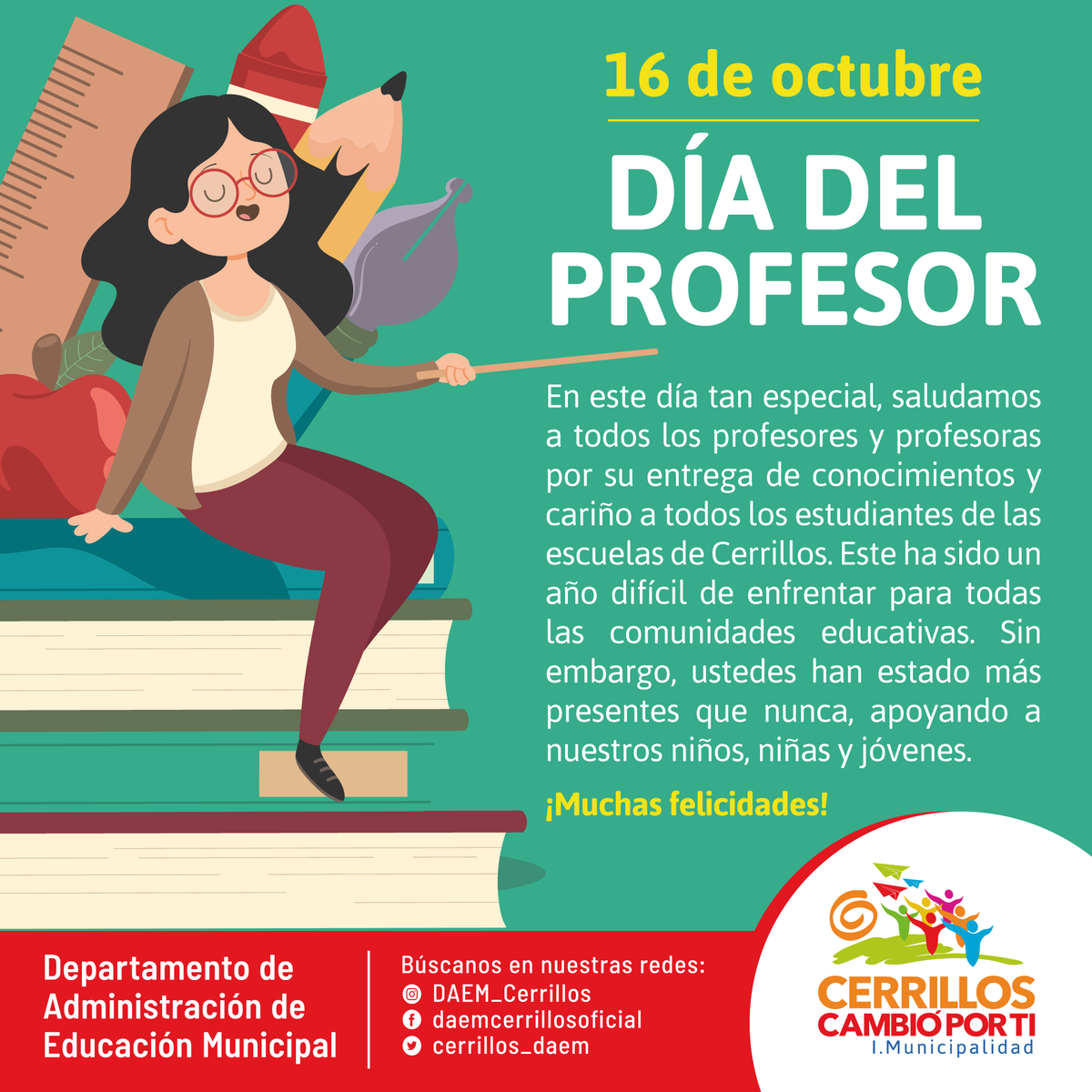 cerrillos_daem's tweet photo. Saludamos hoy a todos los profesores y profesoras y agradecemos el gran esfuerzo que han hecho por llegar a nuestros estudiantes de Cerrillos pese a este escenario de pandemia. 

#MuniCerrillos #CerrillosPorTi #ComunidadEducativa #Daem #DíaDelProfesor #Escuelas  #Liceos https://t.co/oGRGdUUP4s