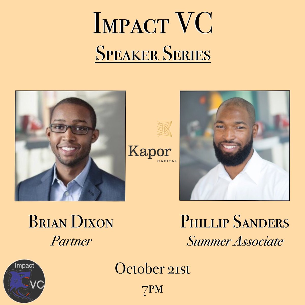 For our 2nd meeting this Fall, we’ll be joined by Brian Dixon (<a href="/MrStartup/">Brian</a>) &amp; Phillip Sanders from <a href="/KaporCapital/">Kapor Capital</a> . Join us next Wednesday (10/21) at 7pm CST as we cover the topic of Investment Theses! RSVP - bit.ly/impactvc