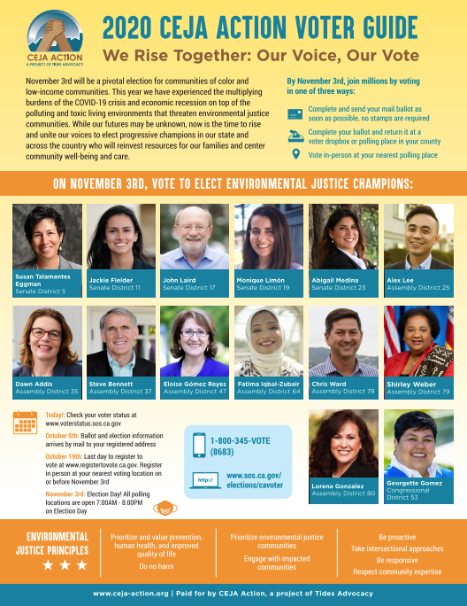 cejaaction's tweet photo. When you look at your ballots this weekend and make your plan to vote:
 
✅  Check out 2020 #EJVoterGuide at https://t.co/FyJqzw5DNn &amp; https://t.co/J8udlKTzuj
✅ FIND your voting location or ballot dropbox https://t.co/yAqIMUhlX1
✅ Track your ballot https://t.co/qeoAbV1PX9 https://t.co/ezJpZv44ac