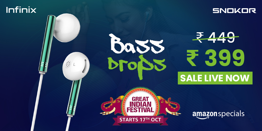 InfinixIndia's tweet photo. Enjoy music with SNOKOR #BassDrops flaunting striking colors and a sleek design! Available on Amazon Great Indian Festival starting from 17th Oct at a discounted price of just ₹399.
Check out here: https://t.co/TOdWEyQpSN
#Earphones
#SoundsLikeNeverBefore
#SoundsLikeSnokor https://t.co/8liUIIPevB