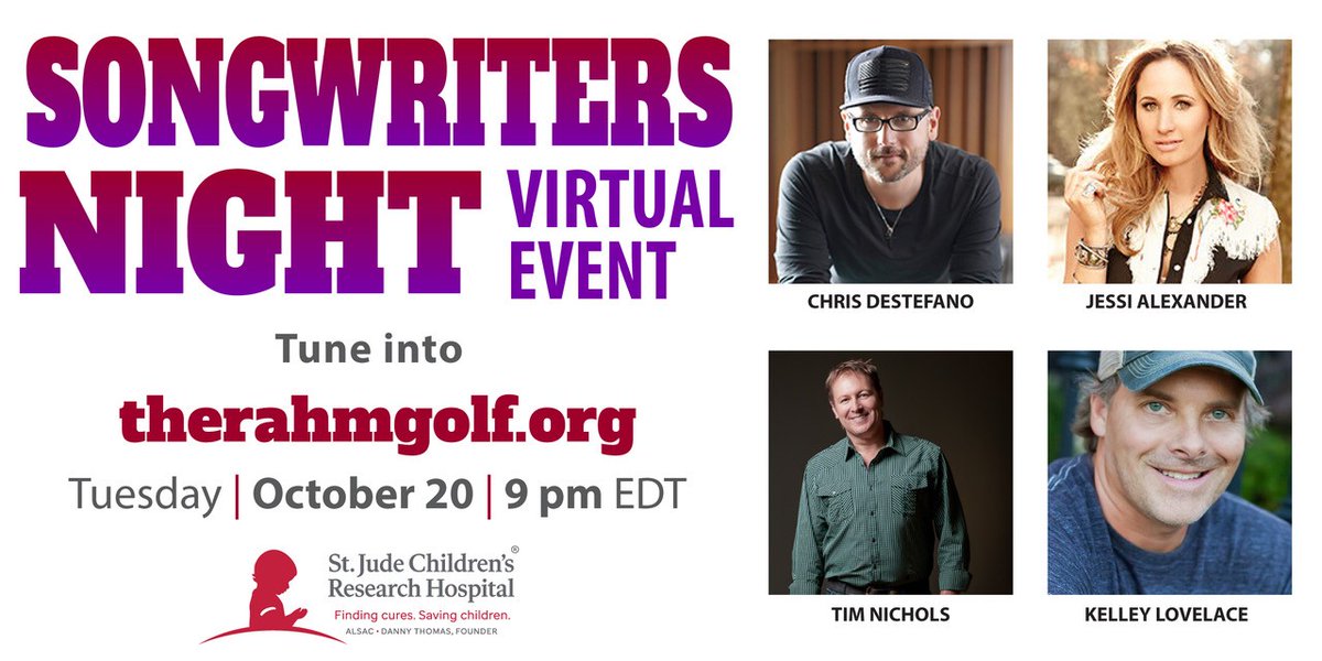 Don't forget to mark your calendars for this ultimate virtual concert hosted by @KevinRahm benefitting @StJude | Check out the amazing songwriters who are giving their time and talents on October 20 at 9PM EDT. You don't want to miss this! | #RahmStJude #Rahm2020