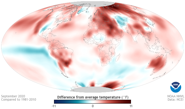 NOAAClimate's tweet photo. September 2020 was the hottest September on record for the planet. What years did it beat? Here's the leaderboard:
1⃣ 2020
2⃣ 2015 (tied)
2⃣ 2016 (tied)
4⃣ 2019
5⃣ 2017
https://t.co/EfAKJJRQKF https://t.co/QmuEfH45z7