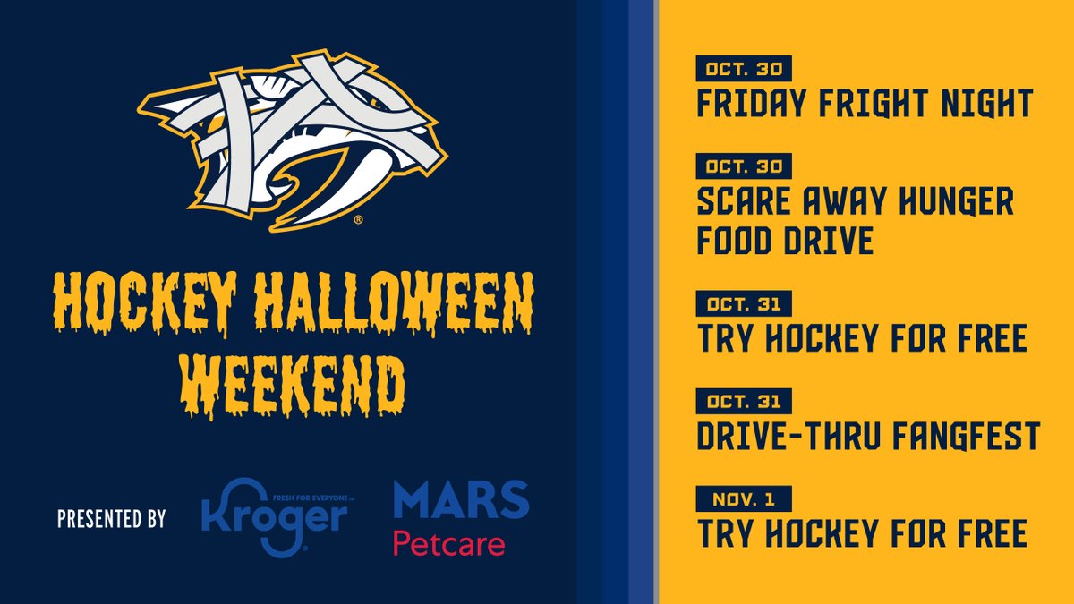 PredsNHL's tweet photo. Hockey ＨＡＬＬＯＷＥＥＮ weekend. 👻

Celebrate Halloween weekend with us starting with a movie night at @BrdgstoneArena Friday night! 

All the details → https://t.co/vFXbHGhtvj

@kroger | @MarsPetcareUS https://t.co/ZDVt8SucvW