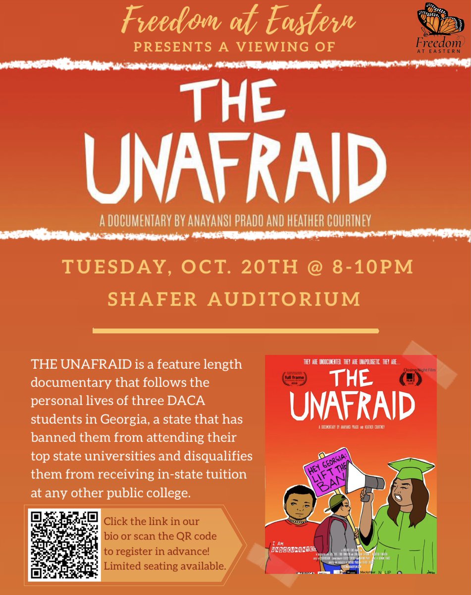 FreedomEastern's tweet image. Join us this upcoming Tuesday IN PERSON for a viewing of The Unafraid at Shafer Auditorium! There is limited seating available so you’ll have to register in advance. Click the link in our bio or scan the QR code to reserve your spot! See you soon 💛