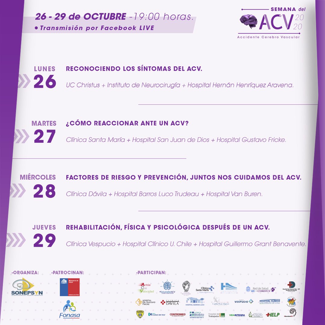 No te pierdas los distintos webinars que #Sonepsyn ha preparado para generar conciencia sobre el accidente cerebrovascular. Con o sin pandemia, #cuidémonosdelACV. #SemanadelACV2020