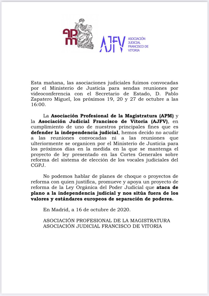 Junto con <a href="/JuecesAJFV/">AJFV Jueces</a> hemos decidido no acudir a las reuniones convocadas por el <a href="/justiciagob/">Ministerio de la Presidencia, Justicia y R. Cortes</a> en tanto se mantenga el proyecto de reforma del sistema de elección de vocales judiciales del CGPJ👇