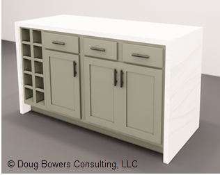 Multiple counter configurations, including waterfall.  #HomeDesign #InteriorDesign #Casework #Architecture #Interiors #Kitchen #Bath