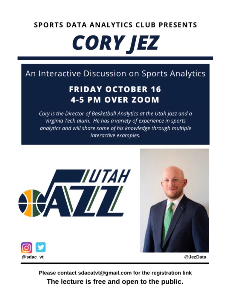 Don’t forget to sign up for the Sports Analytics presentation by Cory Jez happening today (10/16) at 4 PM. It’s open to all, but remember to sign up so we can send you the link to the meeting !
virginiatech.zoom.us/meeting/regist…