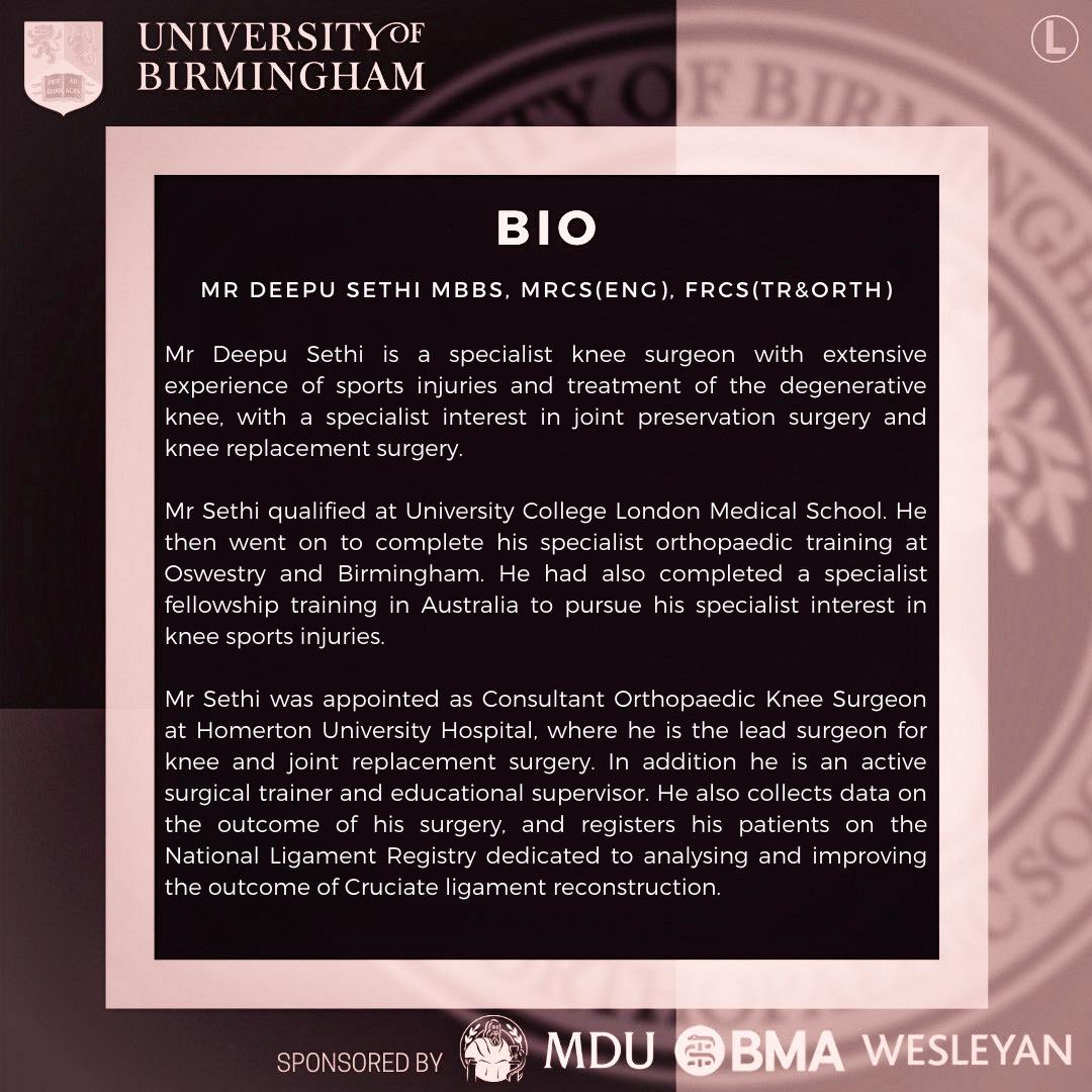 *Speaker Announcement* 
Mr Deepu Sethi, MBBS, MRCS(Eng), FRCS (Tr&amp;Orth)

Lecture: "Sports Orthopaedics"

<a href="/DeepuSethi/">Deepu Sethi</a>