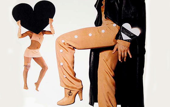 This time round the trench coat was produced in buttery black leather, oversized, cut loosely & worn belted. It’s a more streamlined design. The coat frames Prince’s peach undergarments and draws focus to the coordinating peach cloud guitar. Peach is in full focus.