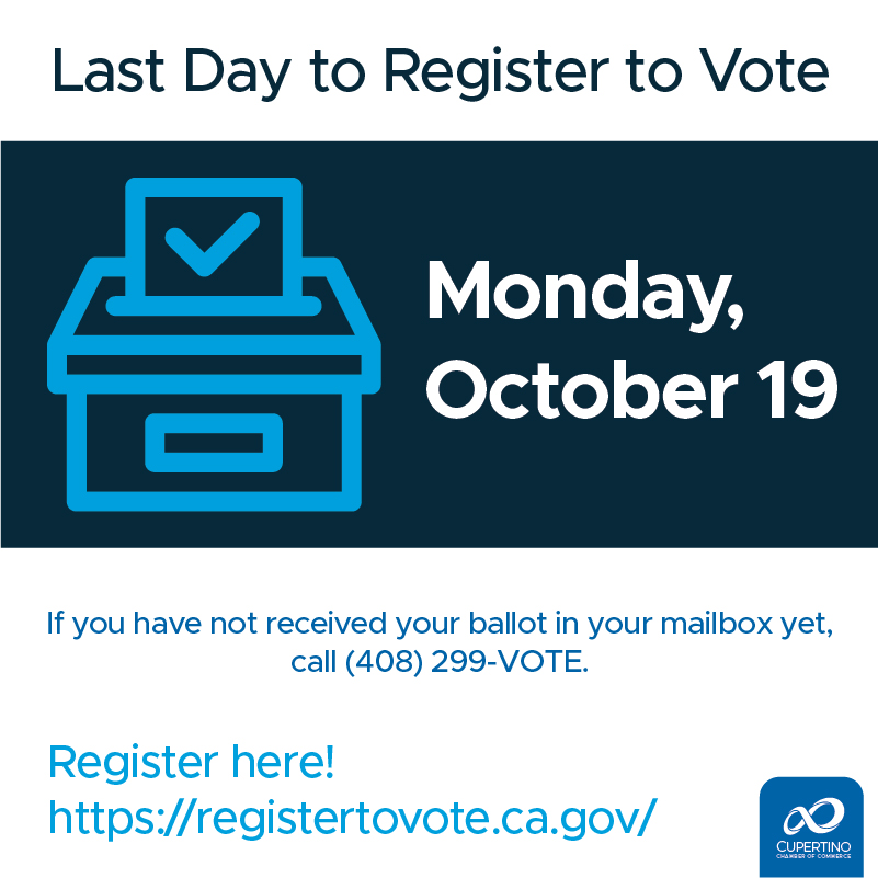 Last Day to Register to Vote is Monday, October 19 ⌛
If you have not received your ballot in your mailbox yet, call (408) 299-VOTE.
Register here! registertovote.ca.gov
.
.
.
#Cupertino #CupChamber #Vote