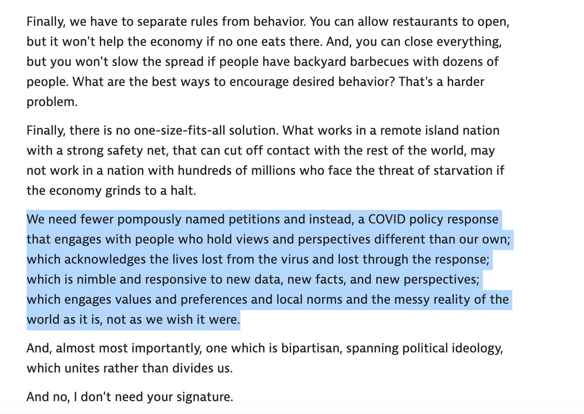 Less pompous petitions and more "policy response that engages with people who hold views; which acknowledges the lives lost from the virus and lost through the response; which is nimble and responsive to new data, new facts, and new perspectives..."