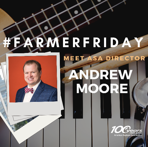 ASA_Soybeans's tweet photo. Happy #FarmerFriday! Meet ASA Director Andrew Moore (GA). Moore is a trained musician, receiving his Bachelor of Arts in music and psychology from Mercer University. He farms with his father & uncle in GA on a farm est. in 1955. Learn more: https://t.co/8h3QAob0o1. #SoyLeader https://t.co/BWV1Wn2vEm