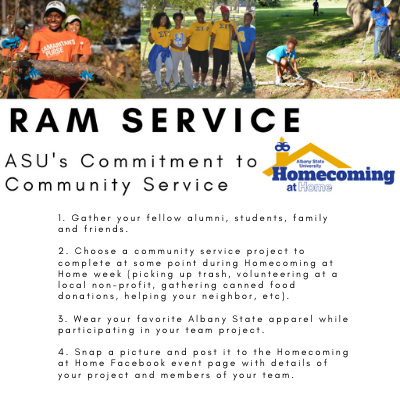 AlbanyStateUniv's tweet photo. Give back to your community by participating in acts of service during Homecoming at Home (details in photo).

Do you have a throwback photo of a community service project you have been a part of at ASU? Post them to your favorite social media platform with #RAMService. https://t.co/TvvqMDh32v