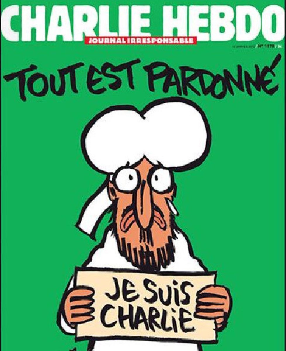 Thirteen lives have been brutally stolen in #France because of this drawing.  Fourteen injured. Countless lives of loved ones traumatized w grief. Share it in their memory. Share it in their honor.