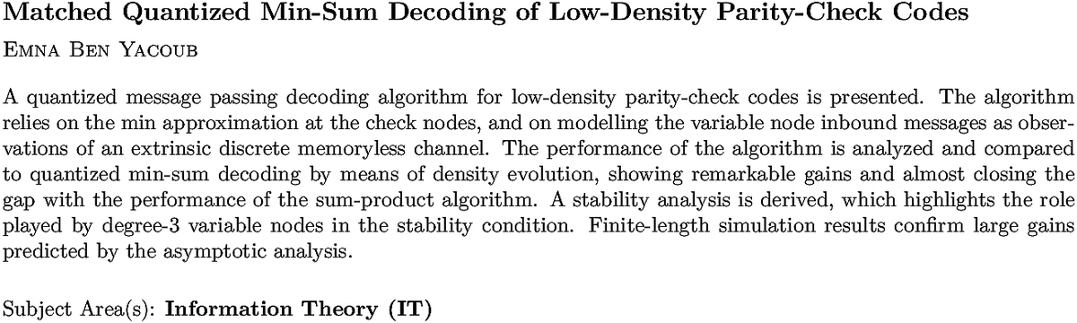 arxiv.org/abs/2010.07538…
E B Yacoub
Matched Quantized Min-Sum Decoding of Low-Density Parity-Check Codes
