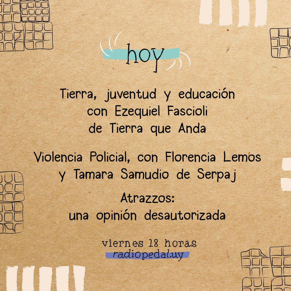 ¡Tremenos contenidos para el programa de hoy!
A las 18 horas poné radiopedal.uy
<a href="/Serpaj_Uruguay/">Serpaj Uruguay</a> <a href="/pedaluy/">PEDAL</a>