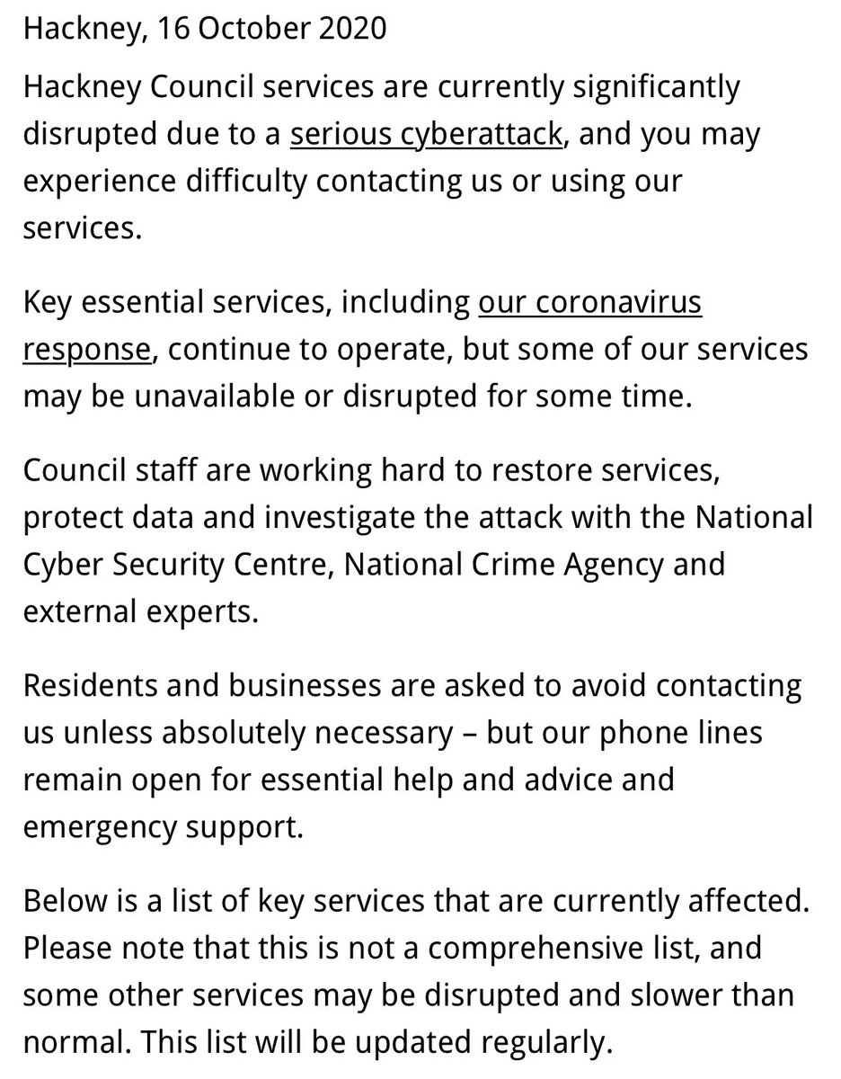  Hackney Council has confirmed it is unable to pay housing benefit to residents who need it as a result of the cyber attack. This is going to affect tens of thousands of people, who in a worst case scenario might face eviction and homelessness. https://hackney.gov.uk/homelessness/ 