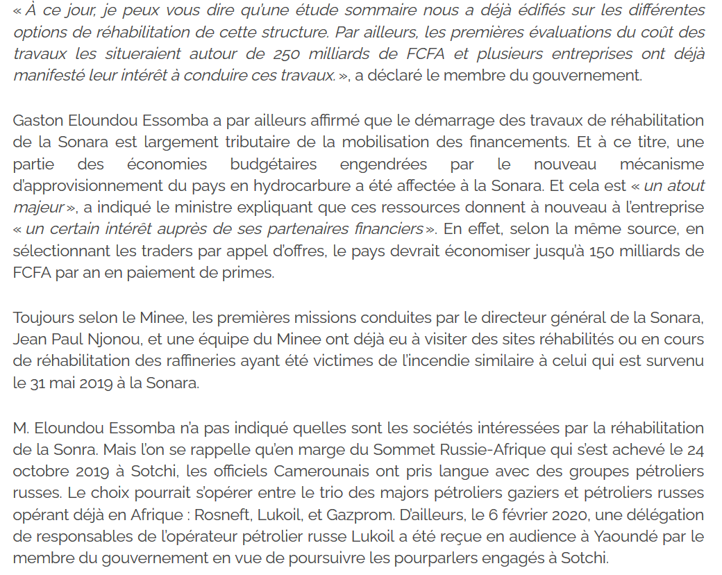 En effet, c'est la nébuleuse qui caractérise pour le moment, ce dossier épineux. L'exécutif communique peu, et l'optimisme trop vite avancé en saluant un "nouveau mécanisme" pour "importer moins cher du raffiné, ne doit être tempéré... https://www.investiraucameroun.com/economie/0106-14592-la-rehabilitation-de-la-sonara-unique-raffinerie-du-cameroun-estimee-a-250-milliards-de-fcfa