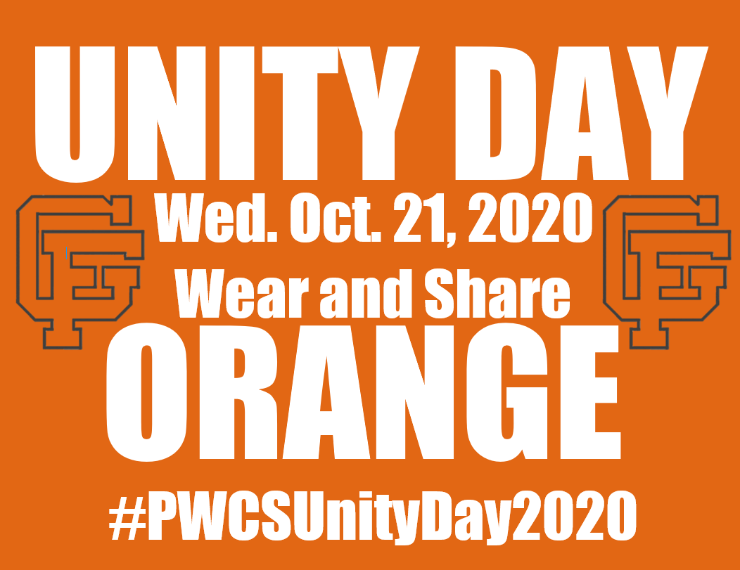 Gar_Field_HS's tweet photo. Wednesday, October 21 is National Unity Day. On that day, wear orange and post a picture of yourself with the hashtag #PWCSUnityDay2020 to show you stand united with your Prince William County peers. https://t.co/spheuzLZbB